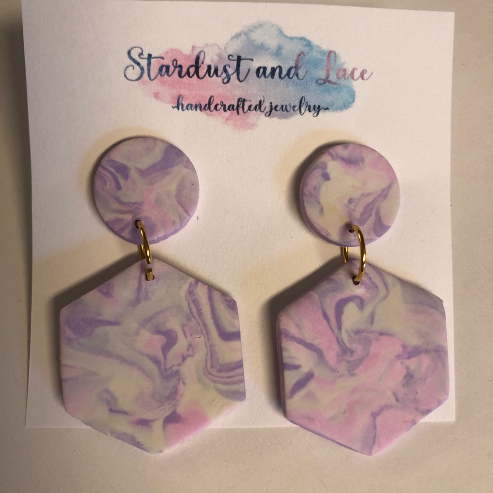 Marbled Purple and Pink Hexagon Clay Earrings